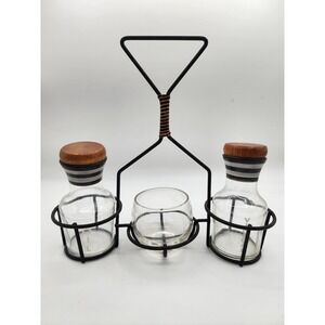 Oil Vinegar Cruet Set Glass‎ Bottles Wood Lids Metal Caddy Organizer